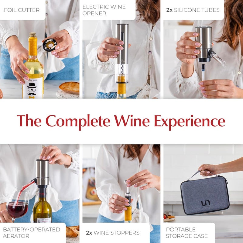 urban noon Rechargeable Electric Wine Opener Set with Aerator, Foil Cutter & Vacuum Stoppers – Automatic Wine Bottle Opener Kit with Portable Case – 7 Piece Wine Gift Set (Silver) - Image 2